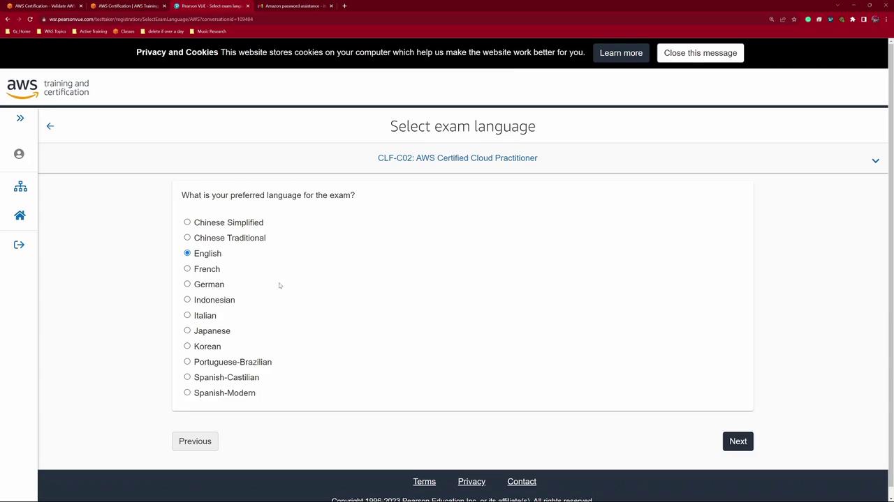 The image shows a webpage for selecting the exam language for the AWS Certified Cloud Practitioner exam, with options like English, French, and Spanish.