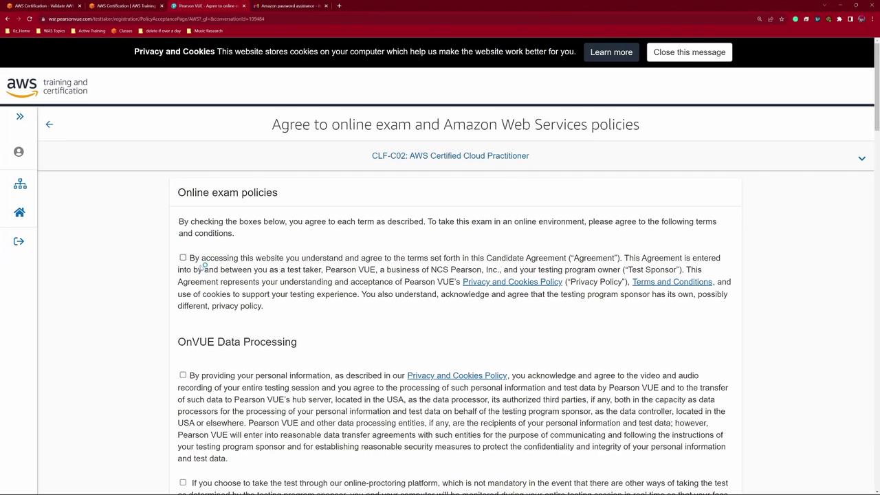 The image shows an AWS certification page detailing online exam policies and data processing agreements for the AWS Certified Cloud Practitioner exam.