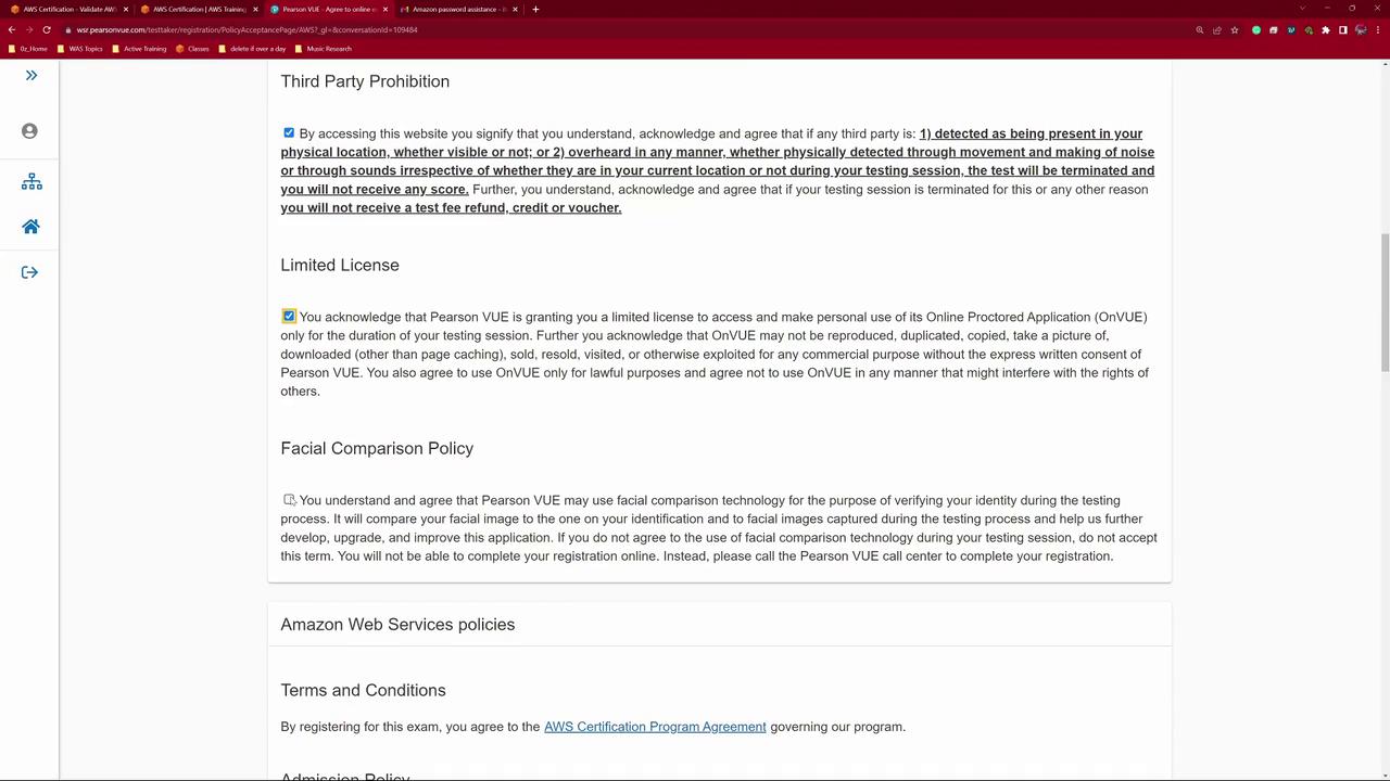 The image shows a webpage detailing Pearson VUE's policies on third-party prohibition, limited license, facial comparison, and terms for AWS certification exams.