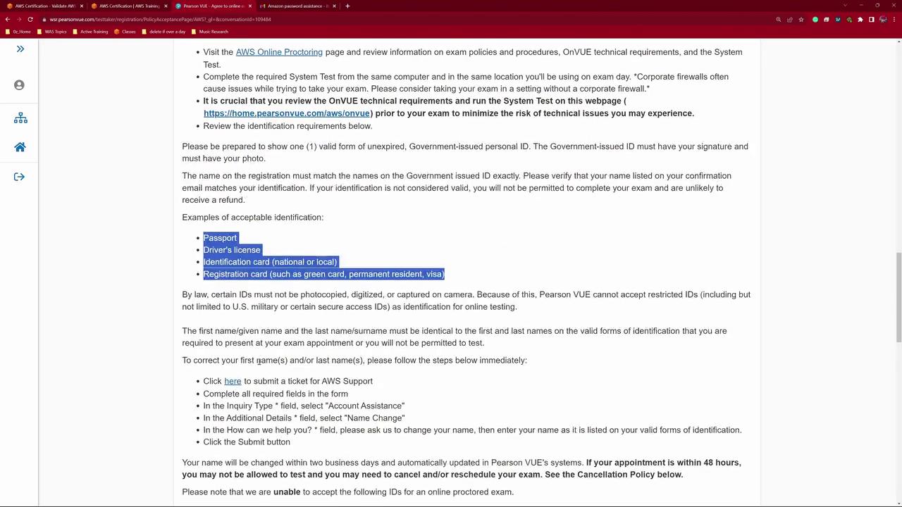 The image is a webpage detailing identification requirements for AWS online proctoring, listing acceptable IDs like passports and driver's licenses, and instructions for name corrections.