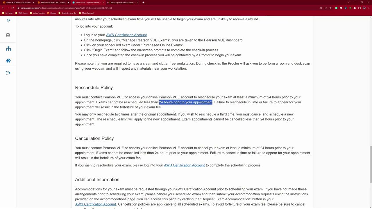 The image shows a webpage detailing AWS Certification exam policies, including rescheduling, cancellation, and additional information for Pearson VUE exams.