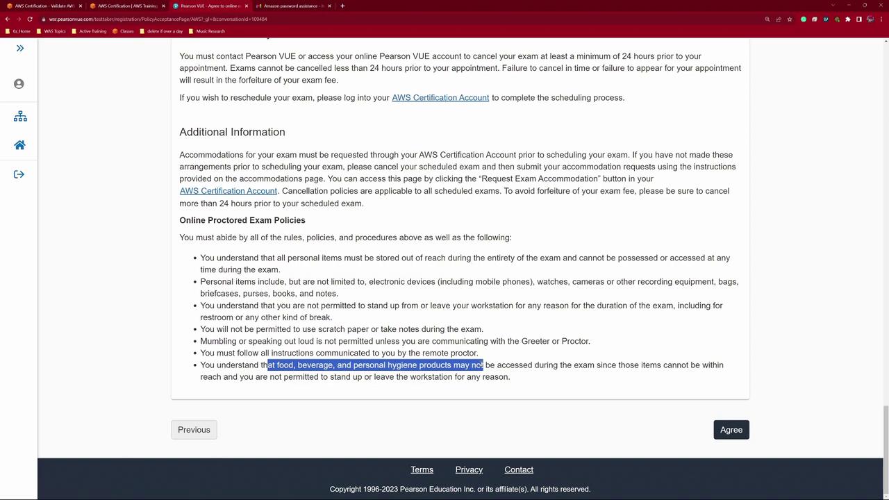 The image shows online proctored exam policies from Pearson VUE, detailing rules about personal items, communication, and exam conduct.