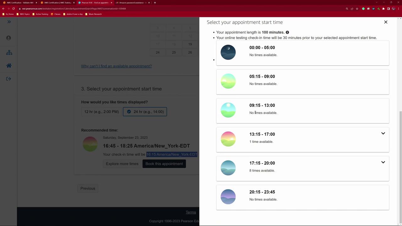 The image shows an online appointment scheduling interface with available and unavailable time slots for booking.