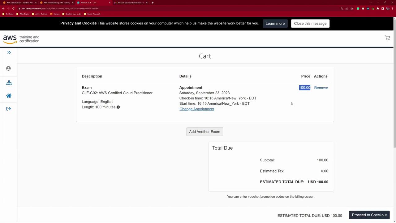 The image shows an AWS exam cart for the Certified Cloud Practitioner, scheduled for September 23, 2023, with a total cost of $100.