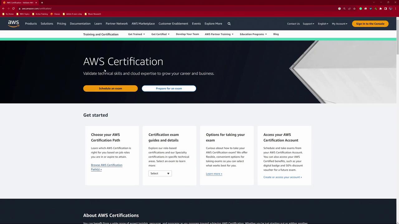 The image shows the AWS Certification webpage, offering options to schedule or prepare for exams, and information on certification paths and exam details.