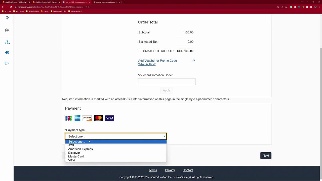 The image shows an online payment page with a $100 total, offering various payment options like JCB, American Express, Discover, MasterCard, and VISA.