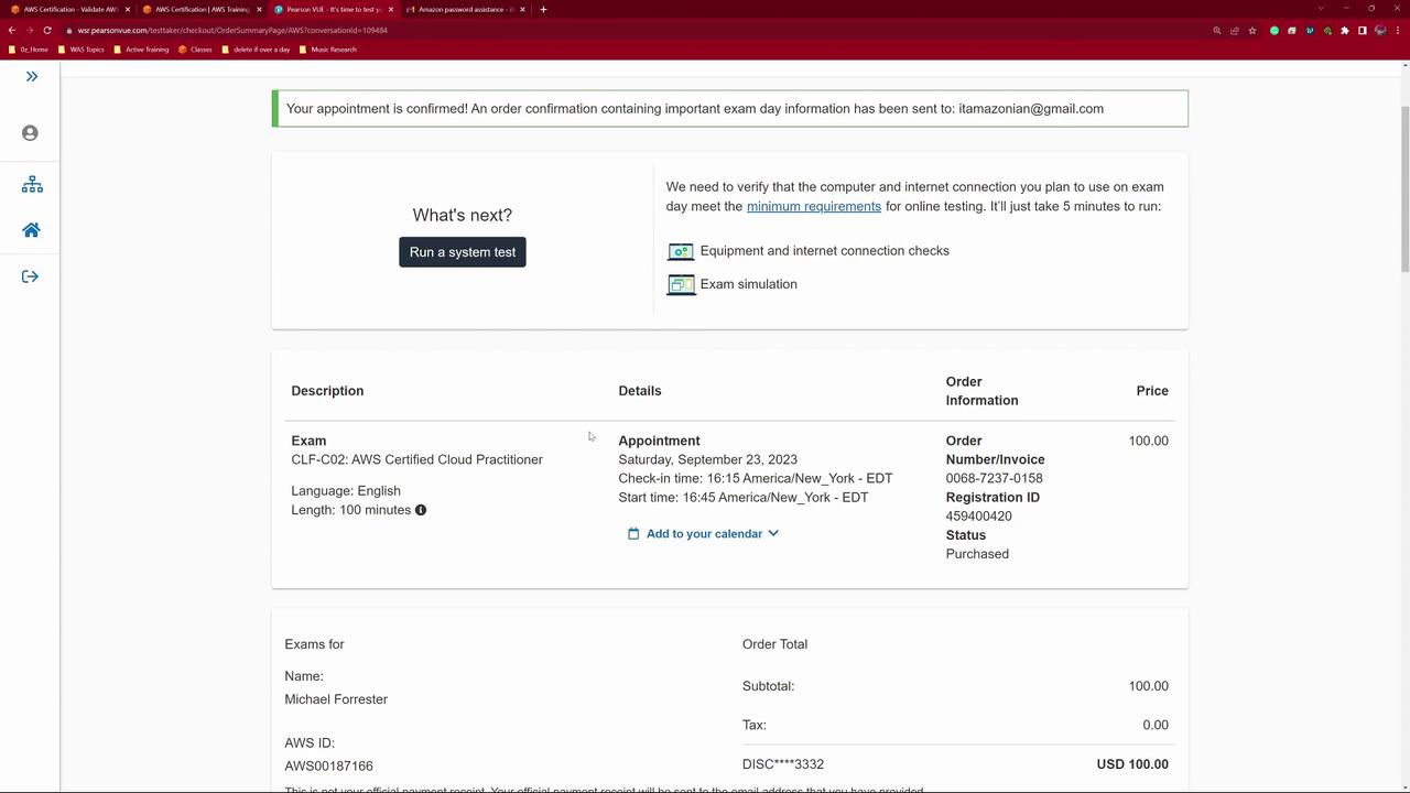 The image shows a confirmation for an AWS Certified Cloud Practitioner exam appointment, including details like date, time, and order information.