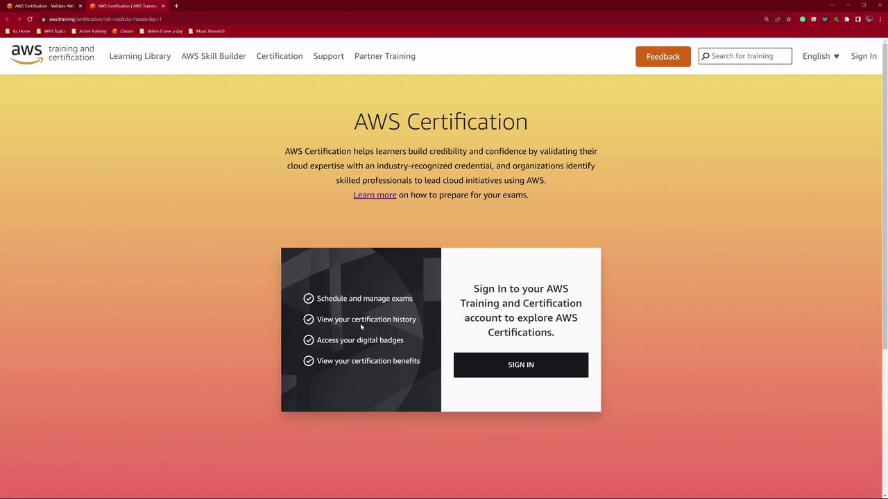 The image shows an AWS Certification webpage, offering information on scheduling exams, viewing certification history, accessing digital badges, and signing in to explore certifications.