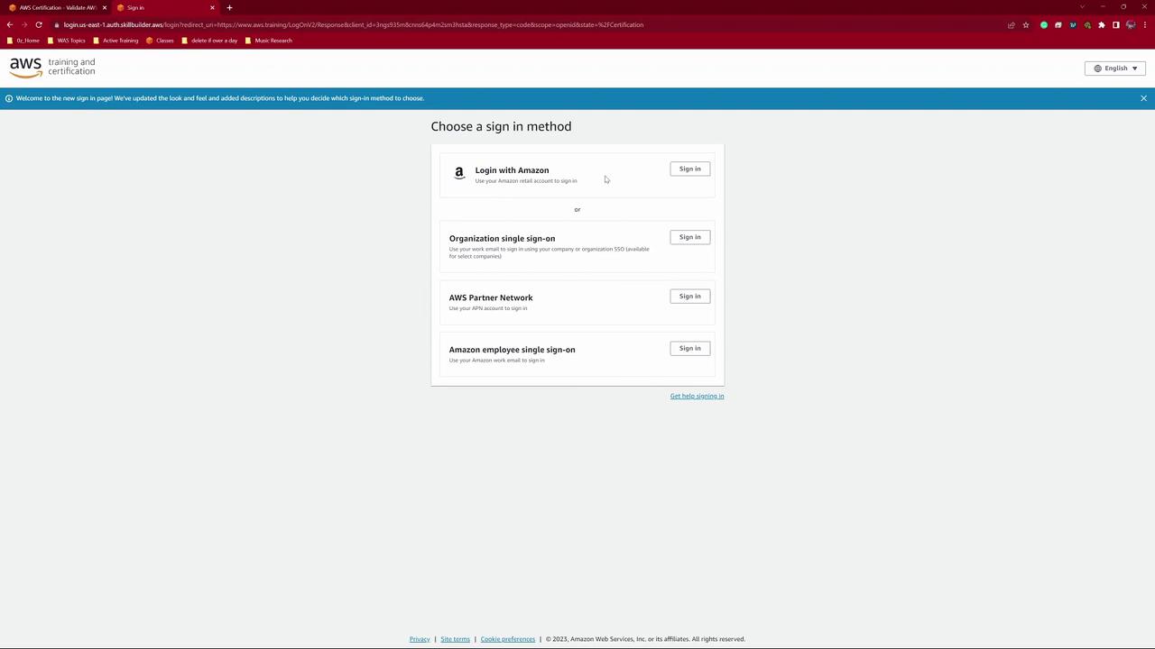 The image shows an AWS Training and Certification sign-in page with multiple login options, including Amazon, organization SSO, AWS Partner Network, and Amazon employee SSO.