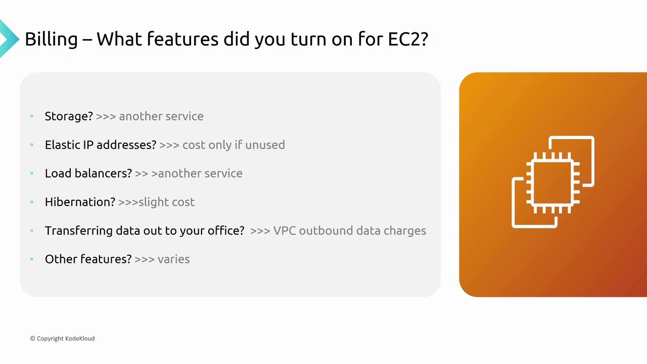 The image lists potential costs for EC2 features like storage, Elastic IPs, load balancers, hibernation, and data transfer, with an EC2 icon on the right.