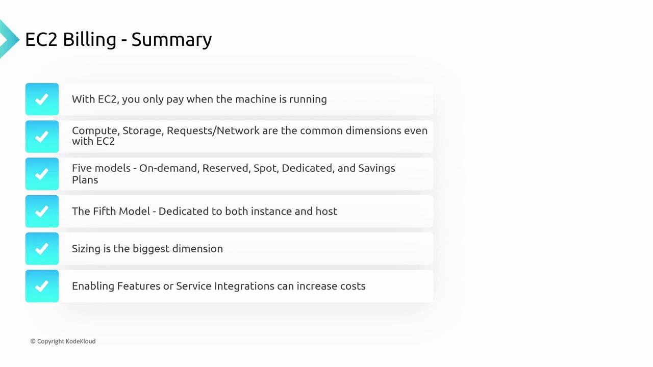 The image summarizes EC2 billing, highlighting pay-per-use, common dimensions, five pricing models, sizing importance, and cost implications of features and integrations.