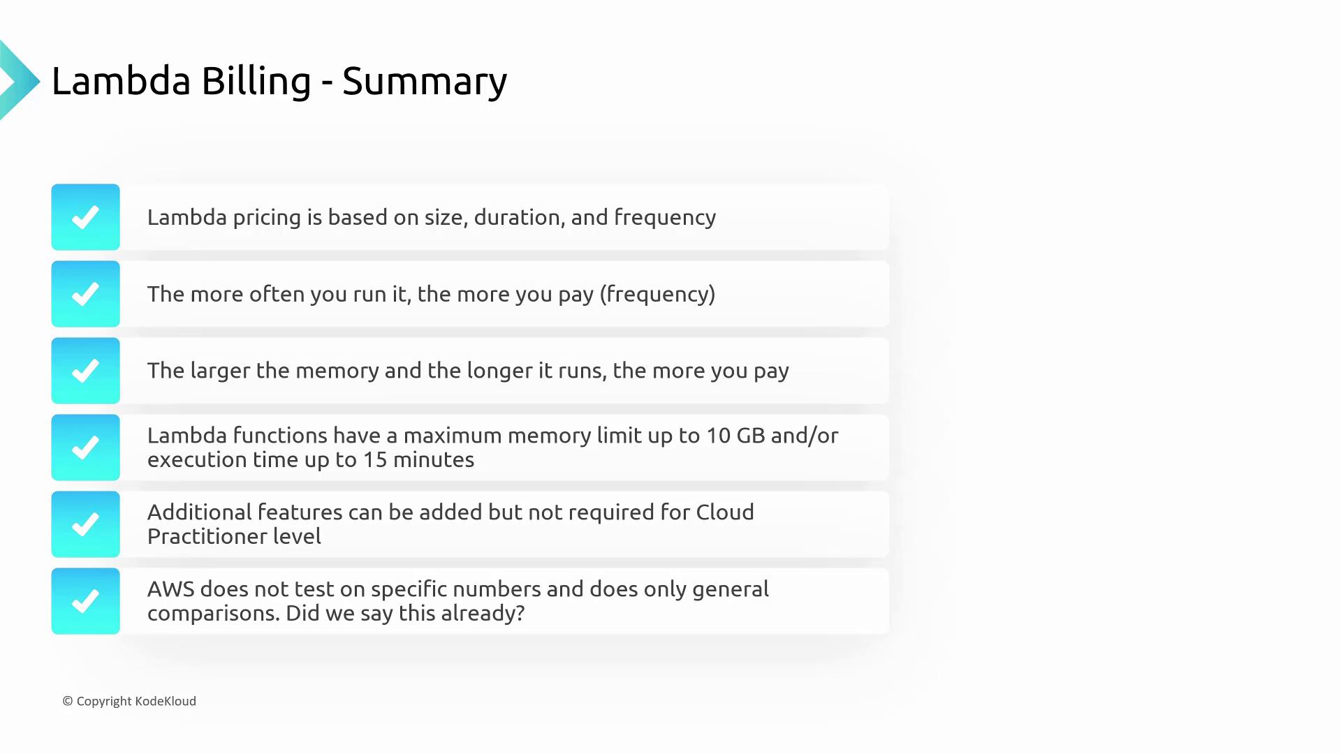 The image summarizes Lambda billing, highlighting pricing based on size, duration, frequency, memory limits, execution time, and additional features.