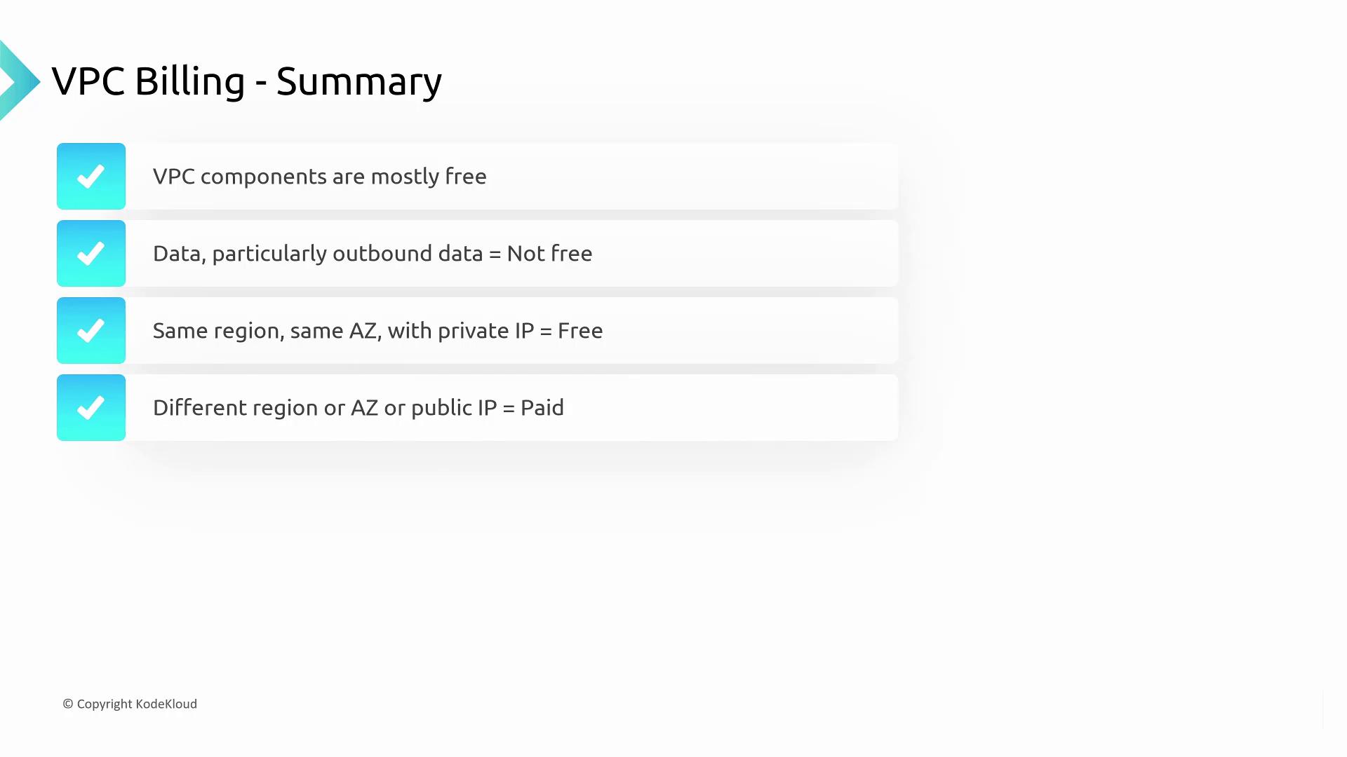 The image summarizes VPC billing: components are mostly free, outbound data is not free, same region/AZ with private IP is free, different region/AZ or public IP is paid.
