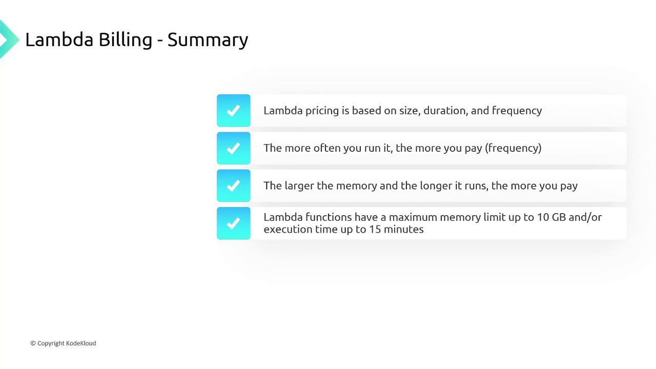 The image summarizes Lambda billing, highlighting pricing based on size, duration, frequency, memory usage, and execution time limits.