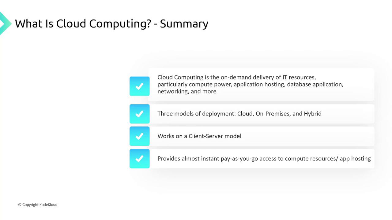 The image summarizes cloud computing, highlighting on-demand IT resources, deployment models (Cloud, On-Premises, Hybrid), client-server model, and pay-as-you-go access.