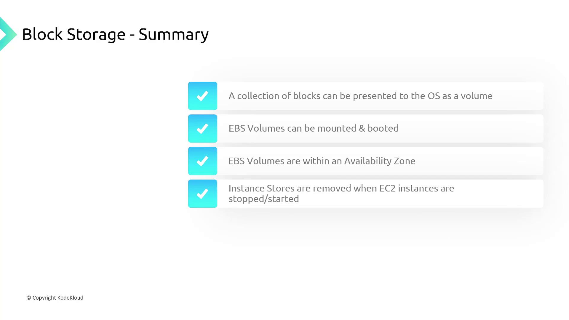 The image summarizes block storage concepts, highlighting EBS volumes' mountability, availability zone constraints, and instance store removal upon EC2 instance restart.
