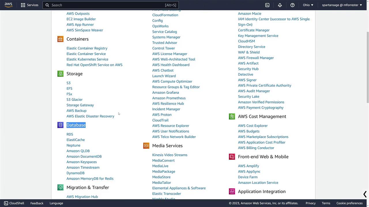 The image shows a list of AWS services categorized under sections like Containers, Storage, Database, Media Services, and more, from the AWS Management Console.