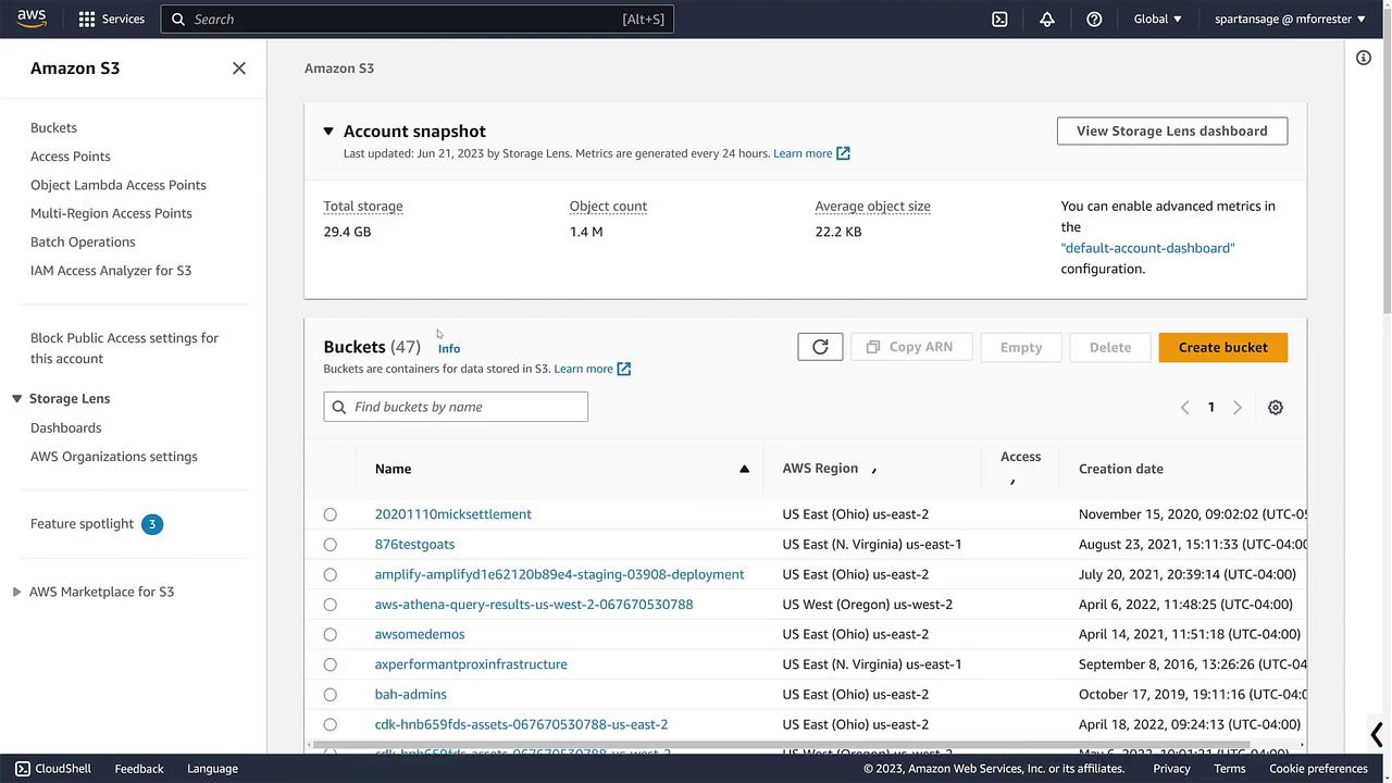 The image shows an Amazon S3 dashboard with account snapshot details, including total storage, object count, and a list of buckets with their regions and creation dates.