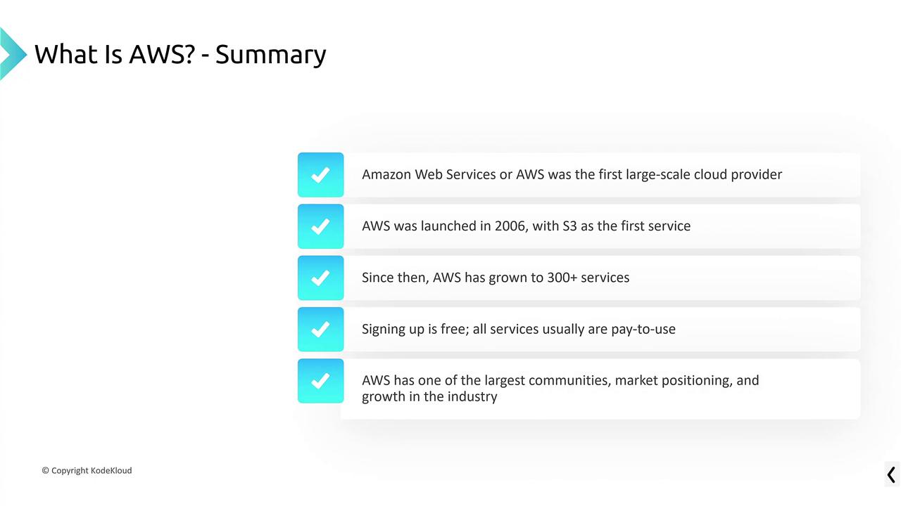 The image summarizes AWS, highlighting its launch in 2006, growth to 300+ services, free sign-up, and its large community and market presence.