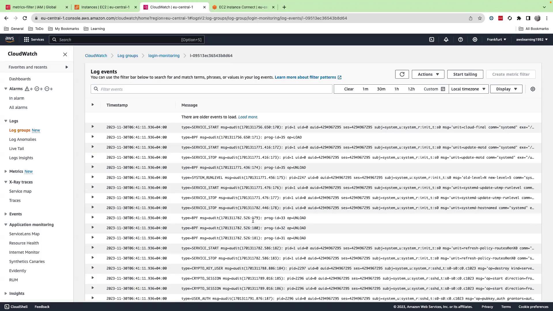 The image shows an AWS CloudWatch log events page displaying a list of log entries with timestamps and messages. The interface includes options for filtering and managing the logs.