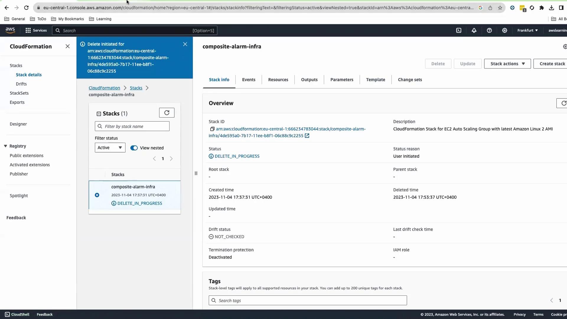 The image shows an AWS CloudFormation console with details of a stack named "composite-alarm-infra" that is in the process of being deleted. The status is "DELETE_IN_PROGRESS" and it includes information like stack ID, description, and creation time.