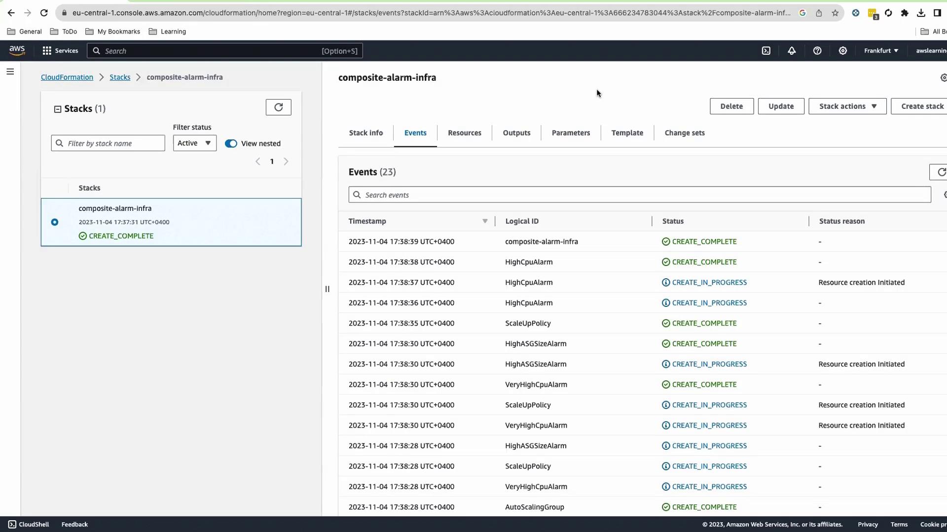 The image shows an AWS CloudFormation console with a stack named "composite-alarm-infra" and a list of events indicating the creation status of various resources.