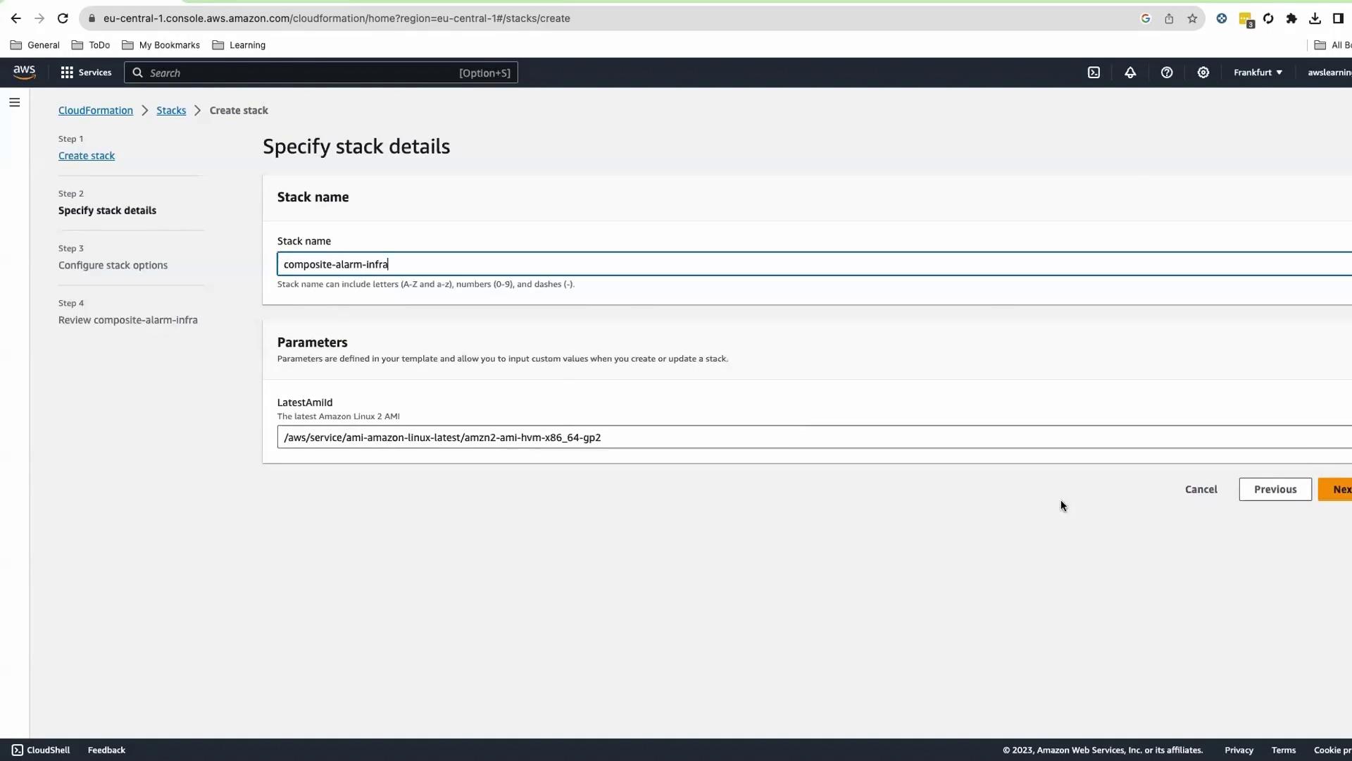 The image shows an AWS CloudFormation interface where a user is specifying stack details, including a stack name and parameters for creating a stack.