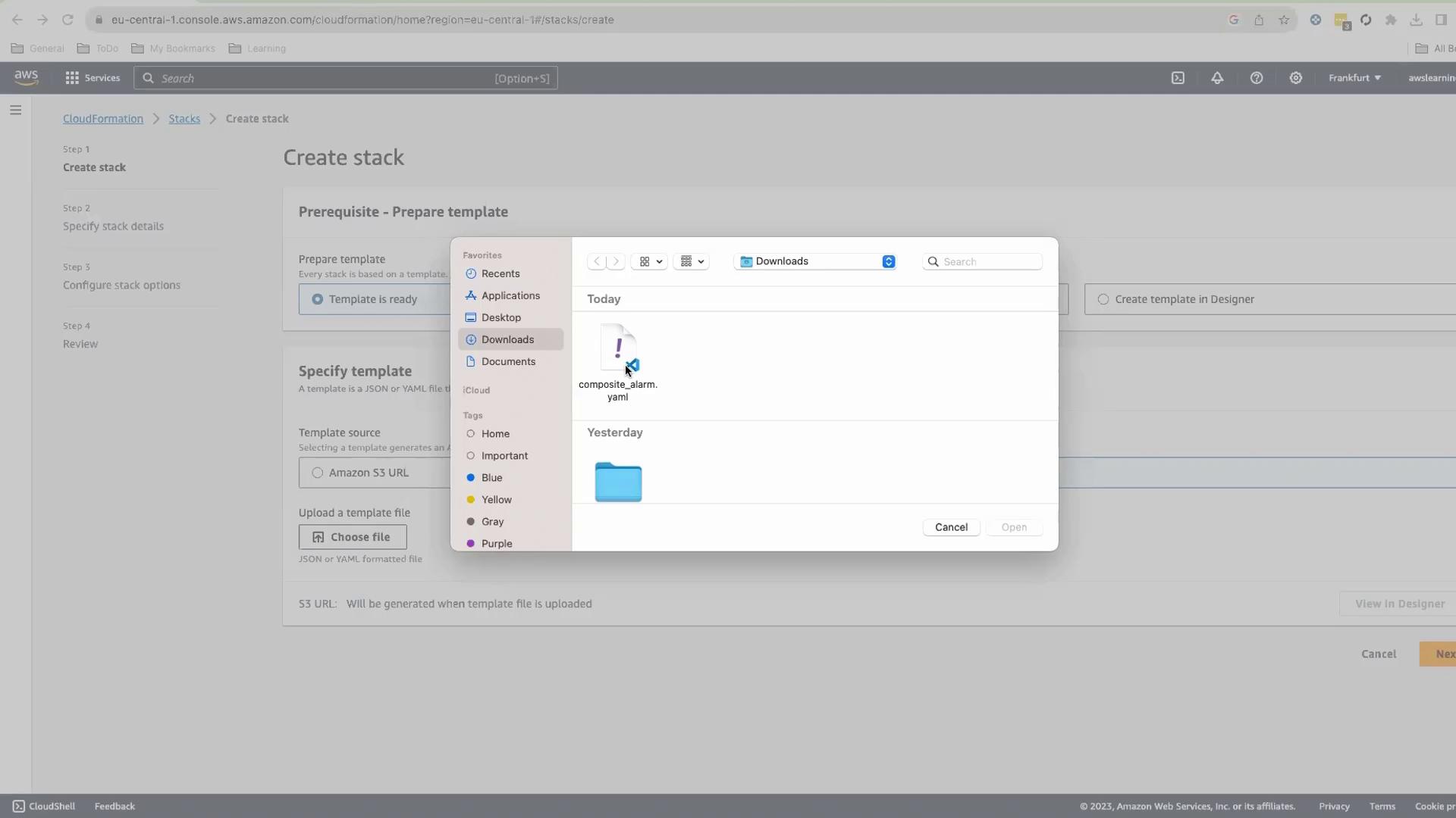 The image shows an AWS CloudFormation interface for creating a stack, with a file selection window open to choose a YAML file named "composite_alarm.yaml" from the Downloads folder.