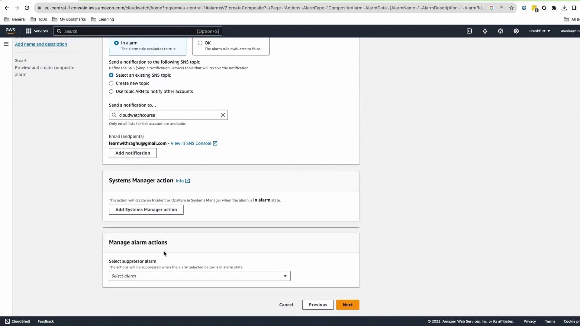 The image shows an AWS CloudWatch console screen where a user is configuring alarm notifications and actions, including selecting an SNS topic and managing alarm actions.