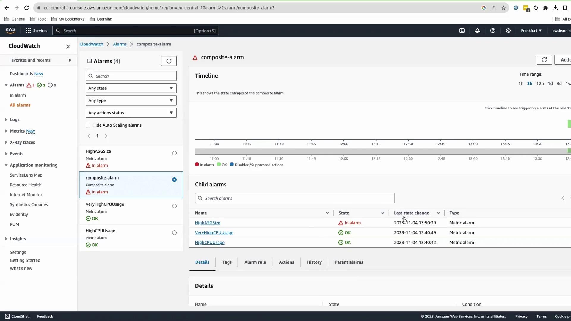 The image shows an AWS CloudWatch dashboard with alarms, including a composite alarm that is currently in an alarm state. The timeline and child alarms are displayed, indicating their status and last state changes.