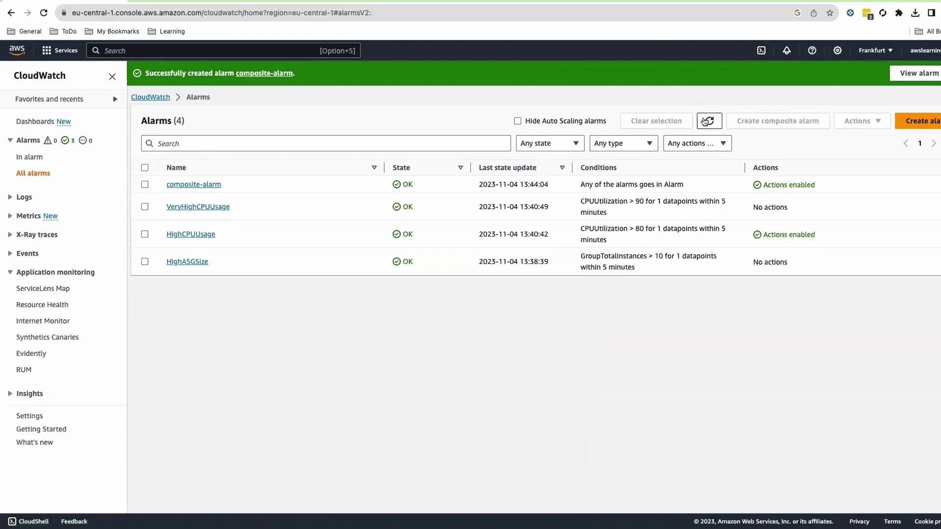 The image shows an AWS CloudWatch dashboard with a list of alarms, all in an "OK" state, detailing conditions like CPU utilization and actions enabled.