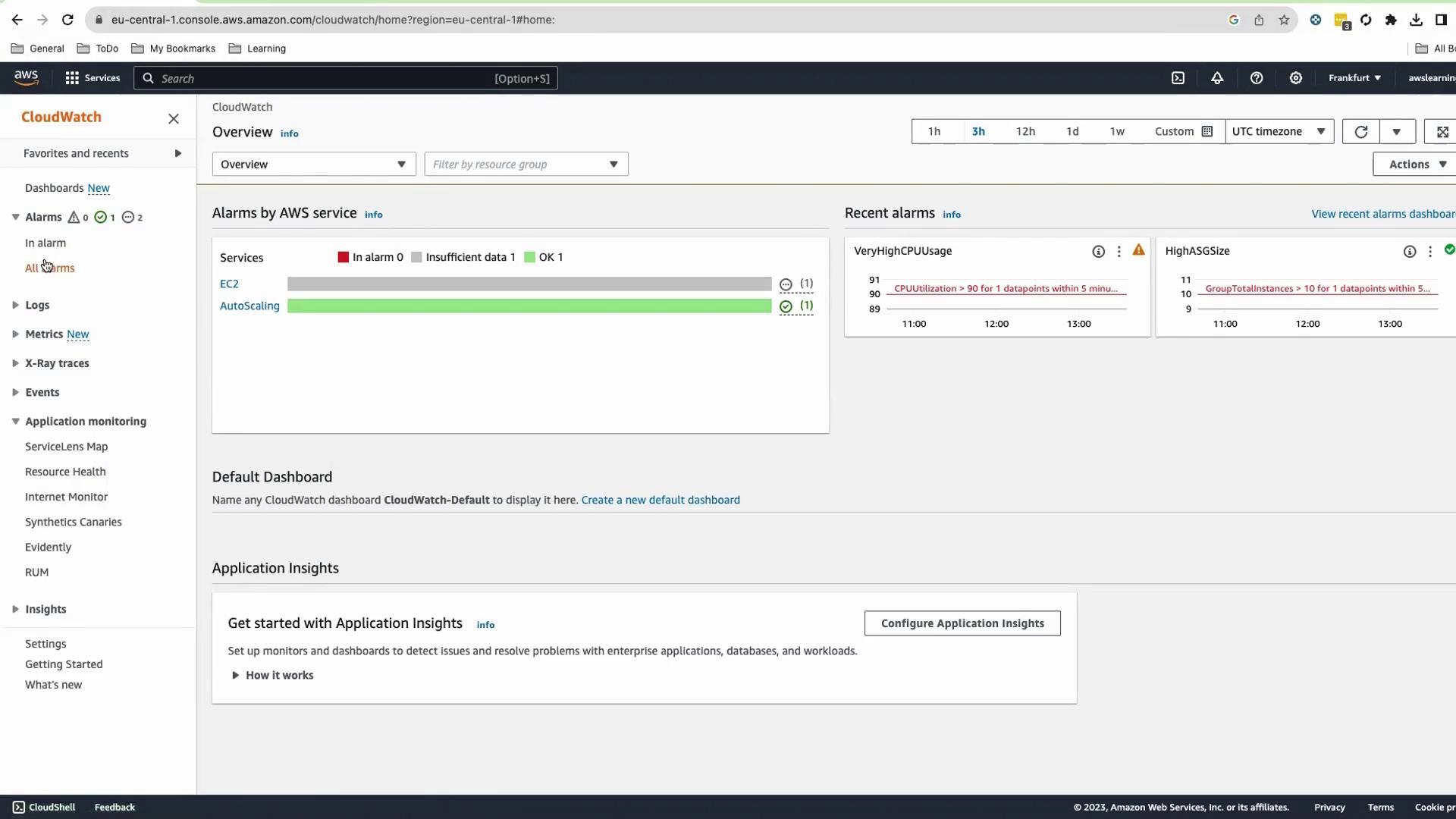 The image shows an AWS CloudWatch dashboard displaying alarms for EC2 and AutoScaling services, with recent alarms indicating high CPU usage and auto-scaling group size.