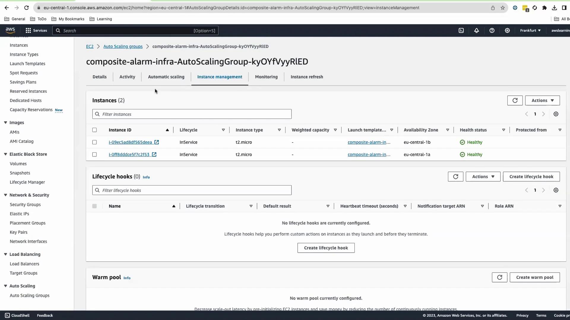 The image shows an AWS EC2 Auto Scaling group management console with two instances listed as "InService" and "Healthy." The interface includes options for managing lifecycle hooks and warm pools.