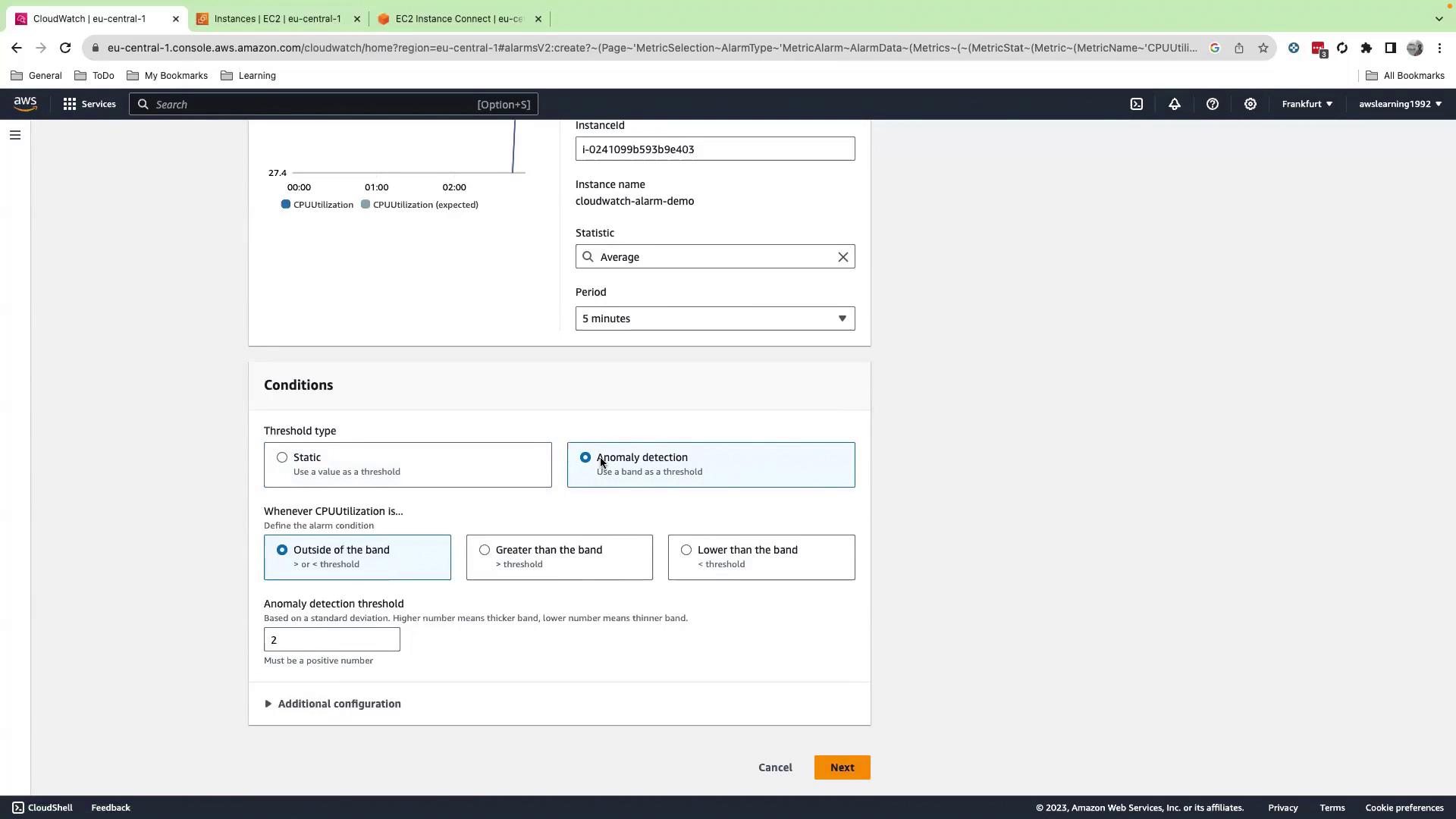 The image shows an AWS CloudWatch interface for setting up an alarm with anomaly detection for CPU utilization. It includes options for threshold types and conditions for triggering the alarm.