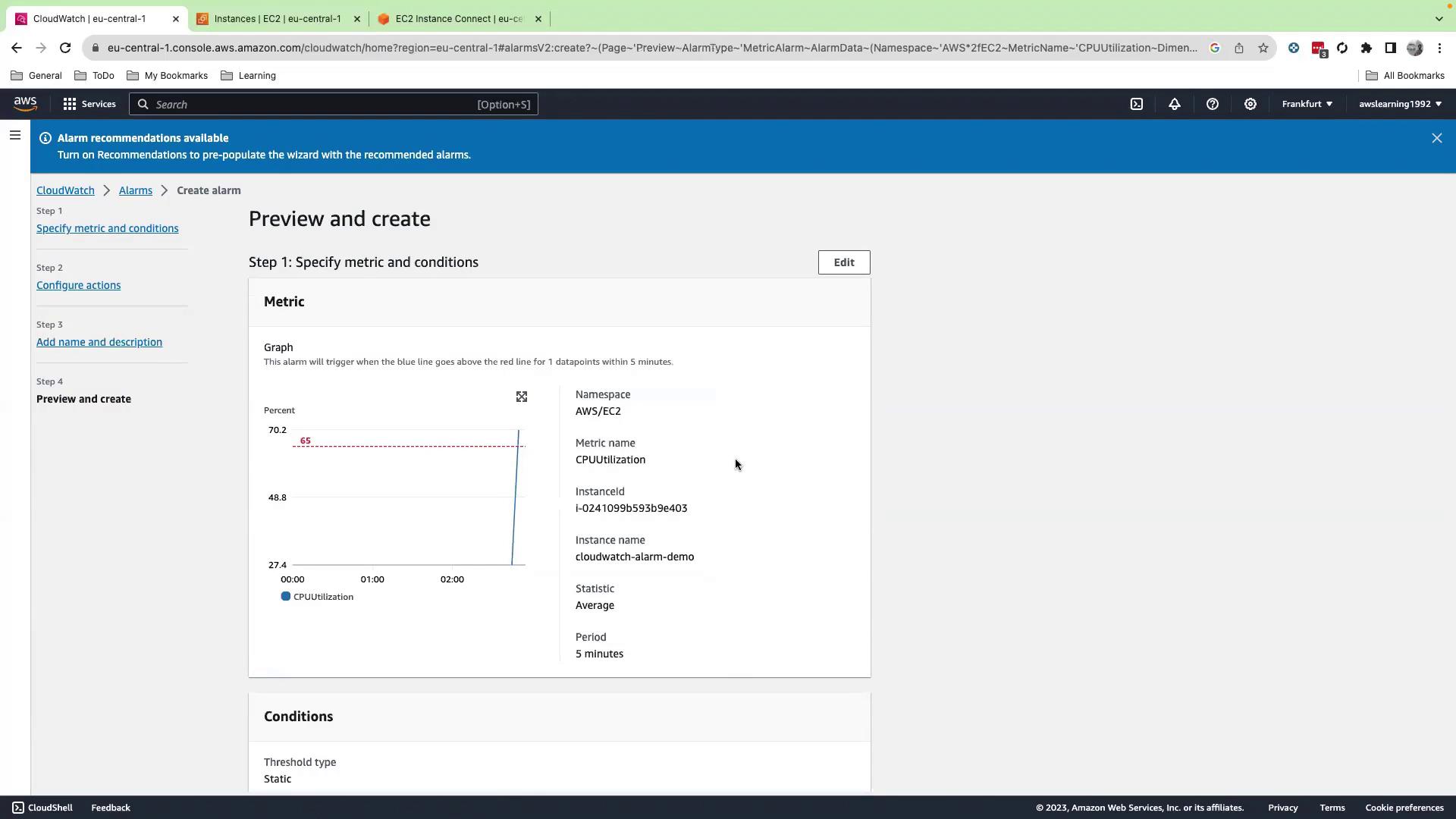 The image shows an AWS CloudWatch interface for creating an alarm, displaying a graph of CPU utilization with specified metric conditions. The alarm is set to trigger when the CPU utilization exceeds a certain threshold.