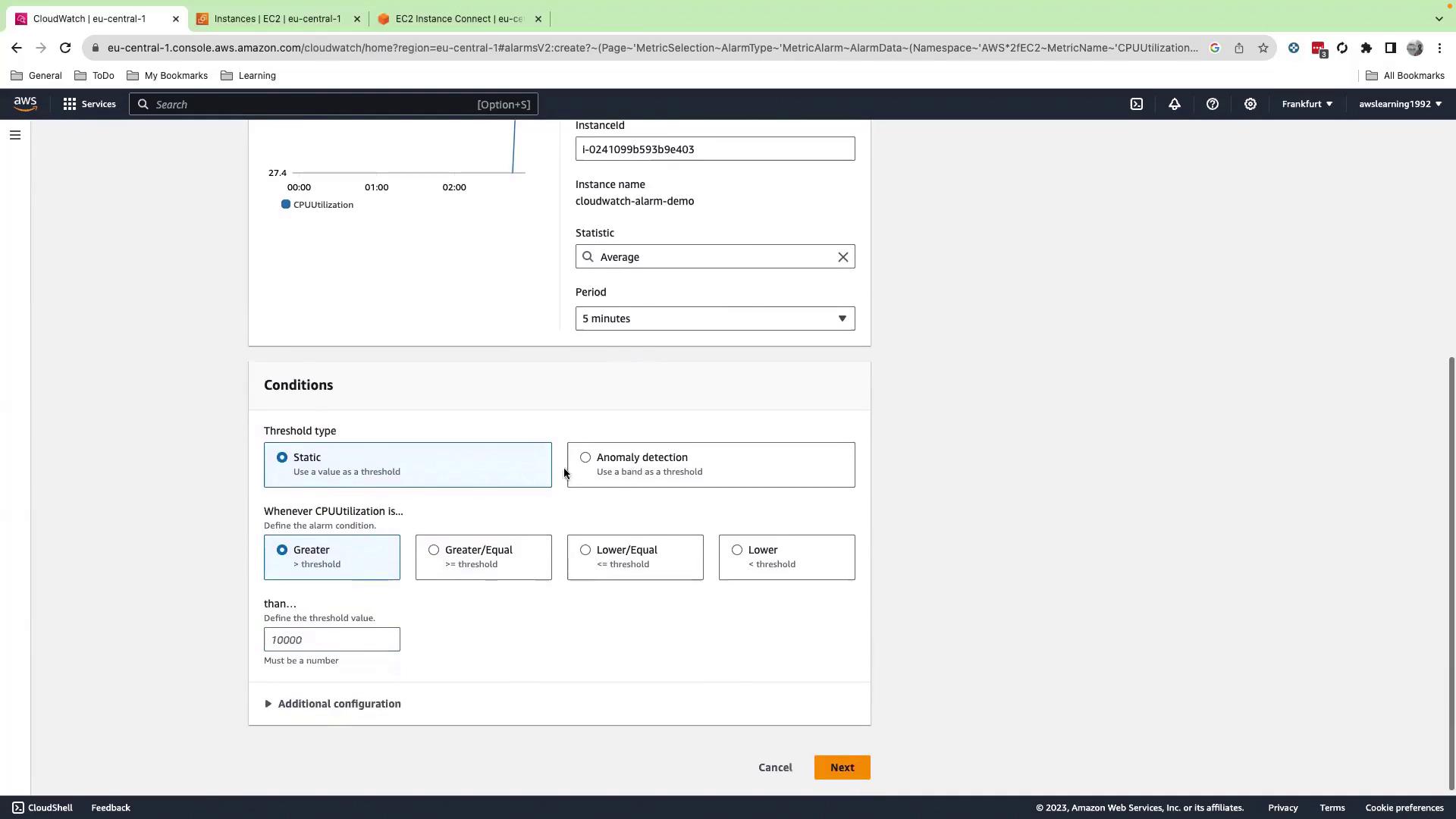 The image shows an AWS CloudWatch interface for setting up an alarm condition based on CPU utilization. It includes options for threshold type, condition settings, and a graph displaying CPU usage data.