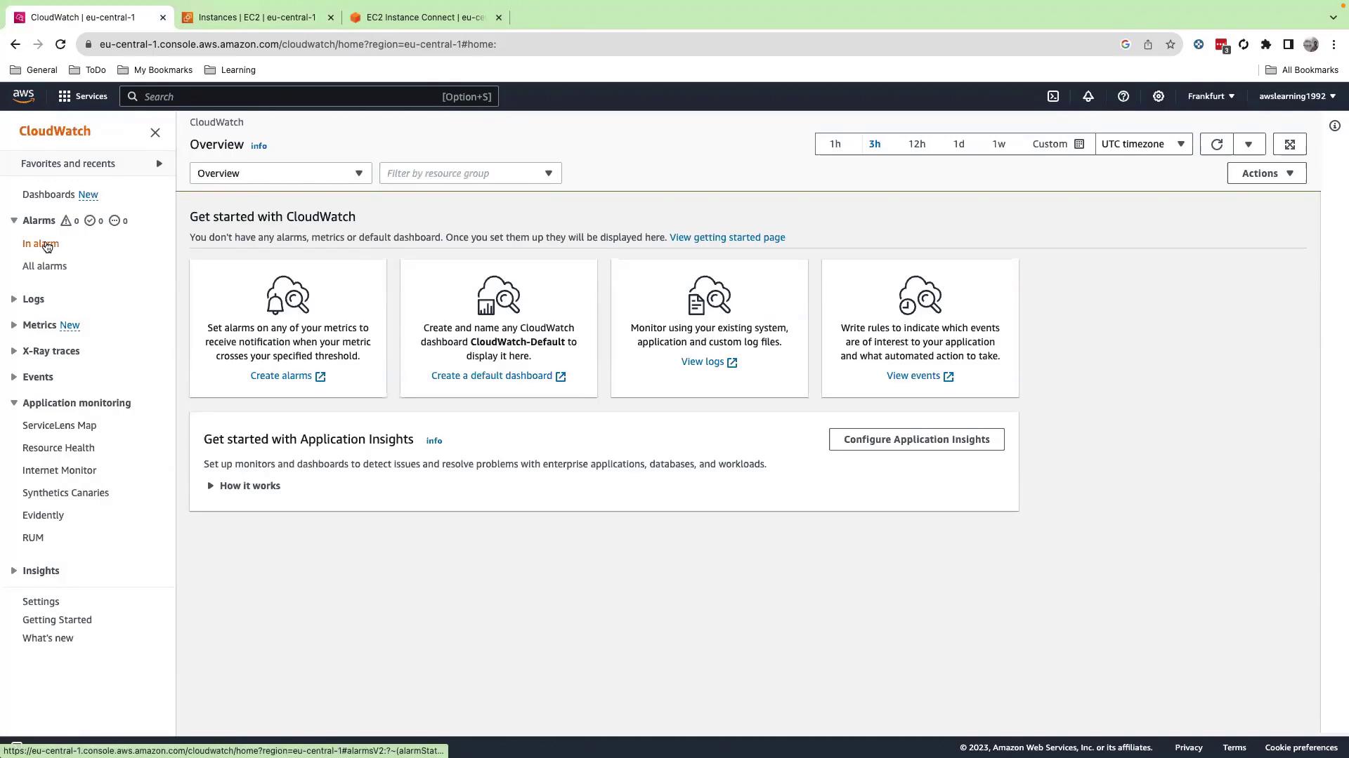 The image shows the AWS CloudWatch dashboard, displaying options for setting alarms, creating dashboards, and monitoring logs and events. It includes navigation links on the left for various CloudWatch features.