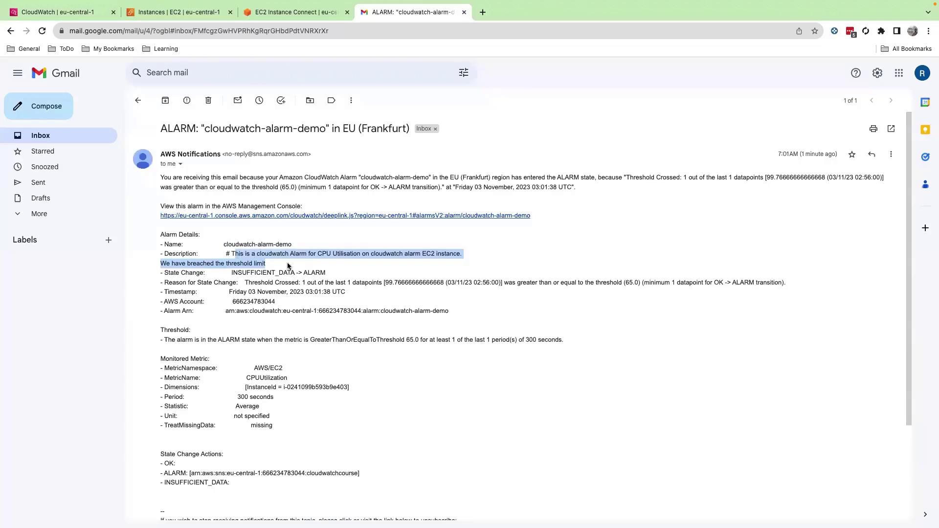 The image shows an email notification from AWS CloudWatch indicating that a CPU utilization alarm for an EC2 instance in Frankfurt has been triggered due to a threshold breach.