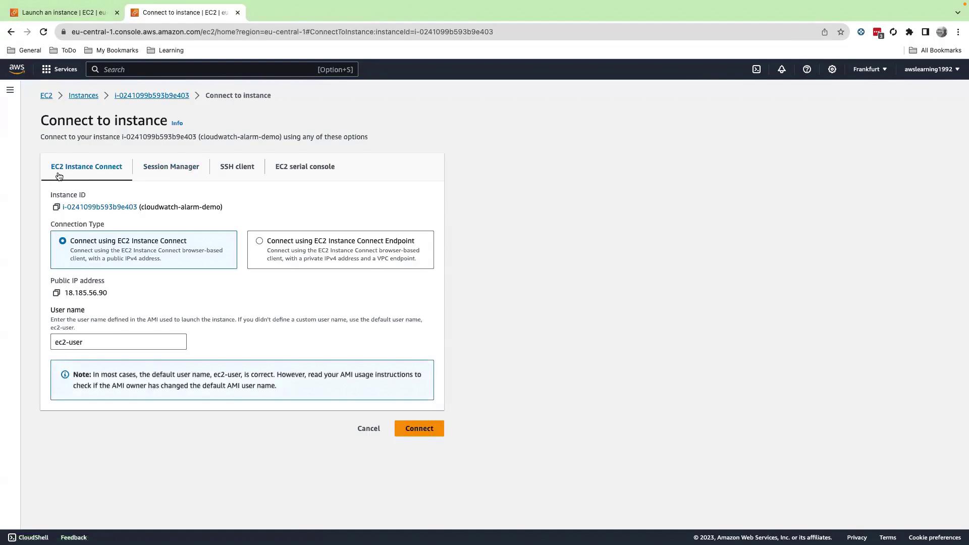 The image shows an AWS EC2 console interface for connecting to an instance, with options for EC2 Instance Connect, Session Manager, SSH client, and EC2 serial console. The instance ID and connection details are displayed.