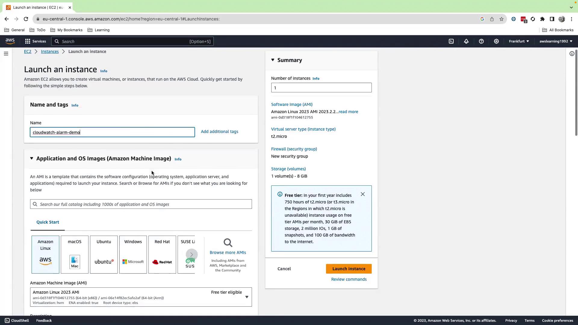 The image shows the AWS EC2 console interface for launching an instance, with options to configure the instance name, application and OS images, and other settings. The summary section on the right provides details about the selected configuration.