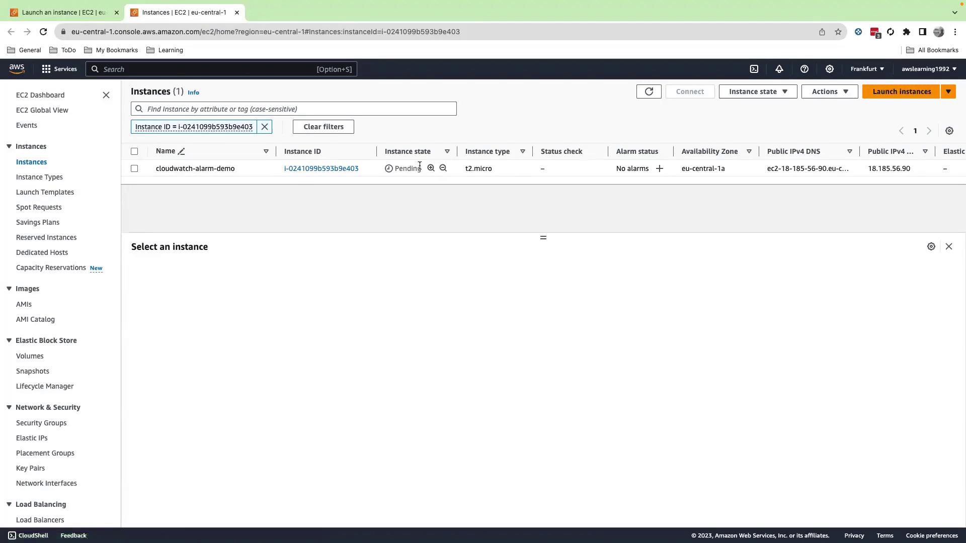 The image shows an AWS EC2 dashboard with an instance listed as "pending" in the Frankfurt region. The instance type is t2.micro, and there are no alarms set.