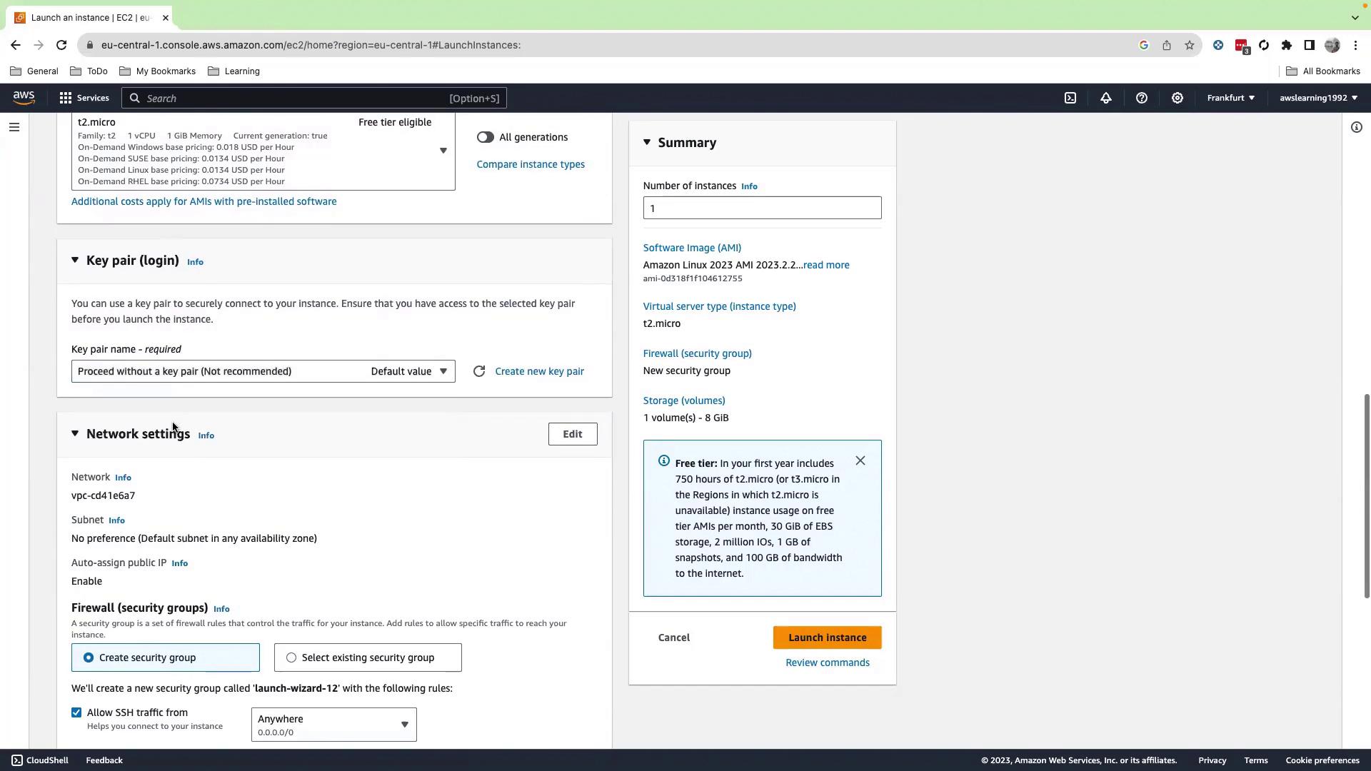 The image shows an AWS EC2 instance launch configuration page, detailing options for key pair login, network settings, and instance summary. The "Launch instance" button is visible at the bottom.