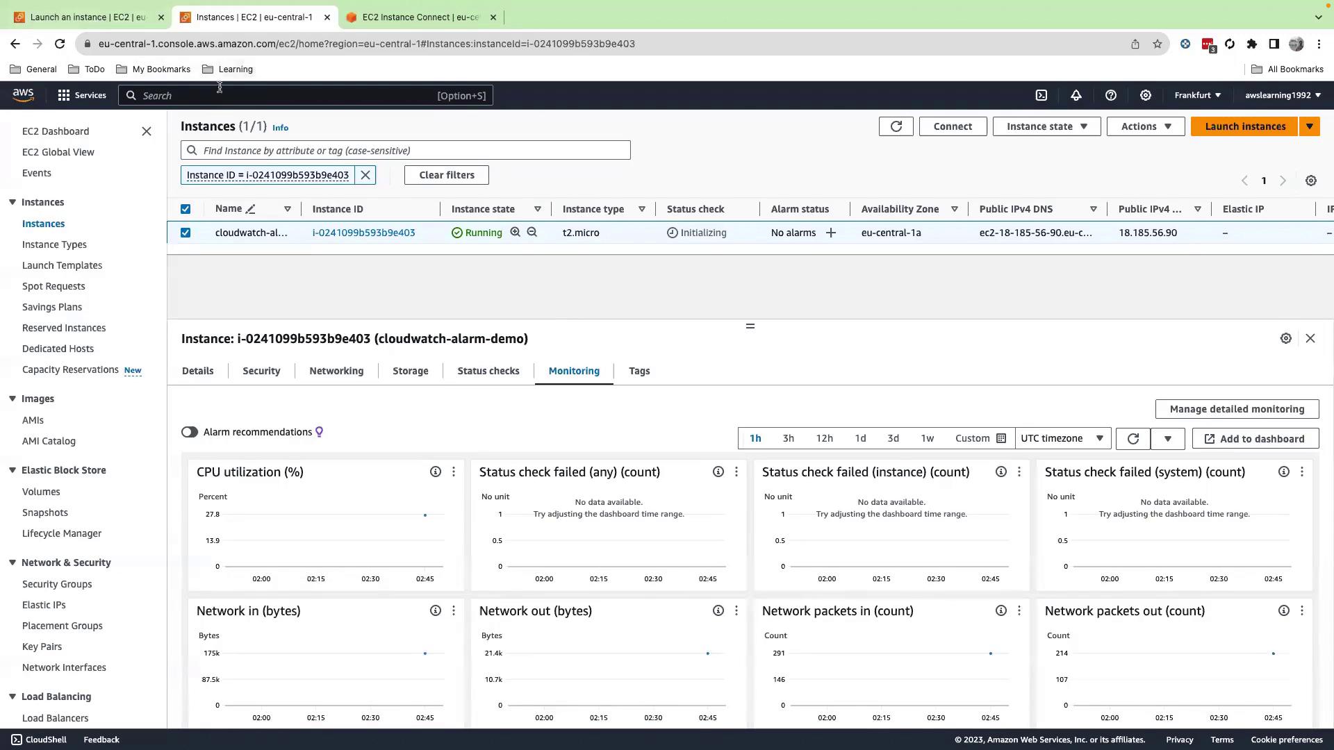 The image shows an AWS EC2 management console with details of a running instance, including monitoring metrics like CPU utilization and network activity.