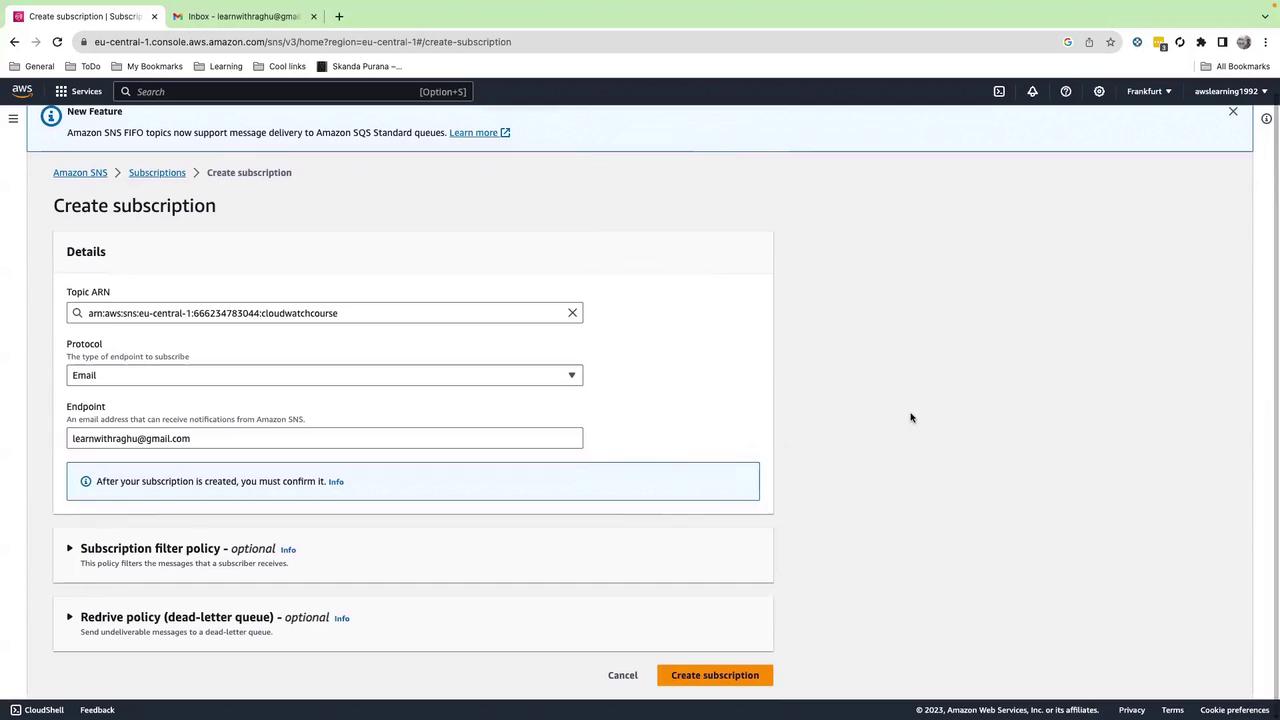 The image shows a web interface for creating a subscription in Amazon SNS, with fields for Topic ARN, Protocol, and Endpoint. The user is setting up an email subscription.