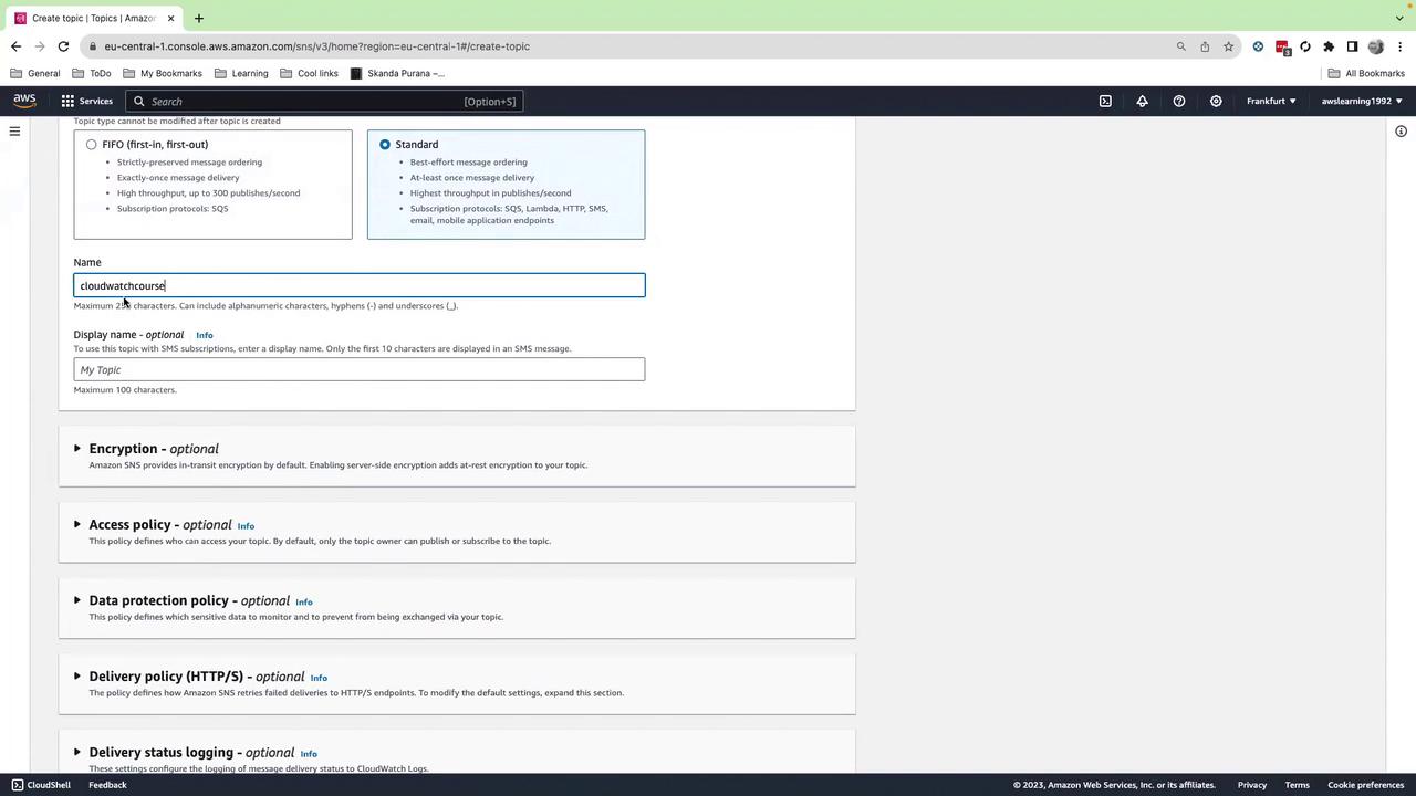 The image shows a web interface for creating a topic in Amazon SNS, with options for naming the topic and configuring settings like encryption and access policy.