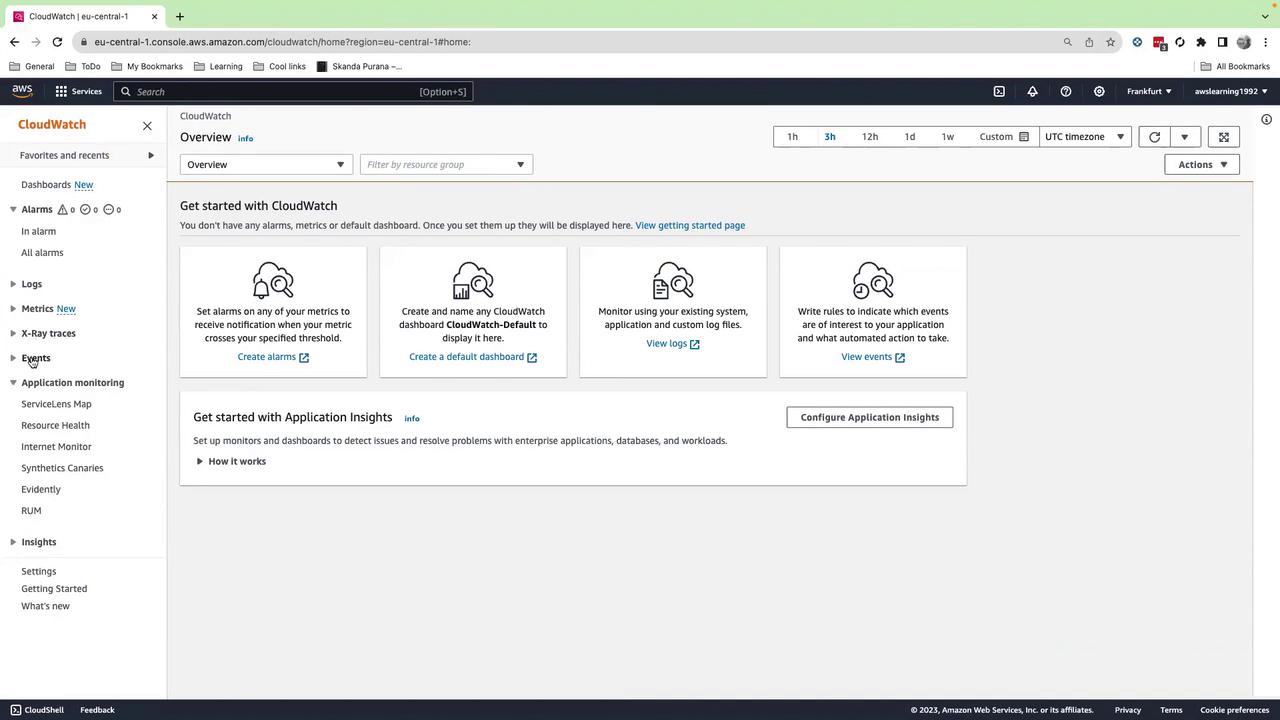 The image shows the AWS CloudWatch dashboard interface, displaying options for setting alarms, creating dashboards, viewing logs, and configuring application insights.