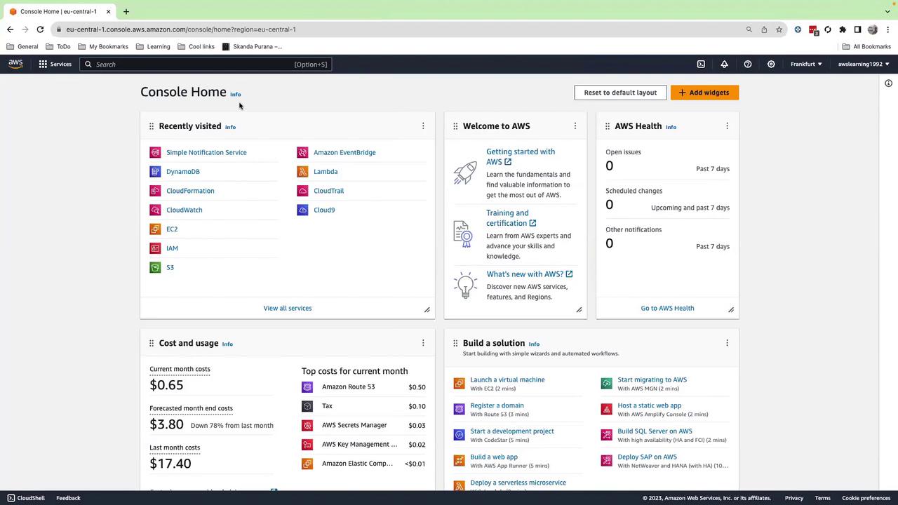 The image shows the AWS Management Console home page, displaying sections for recently visited services, AWS health, cost and usage, and options to build solutions.