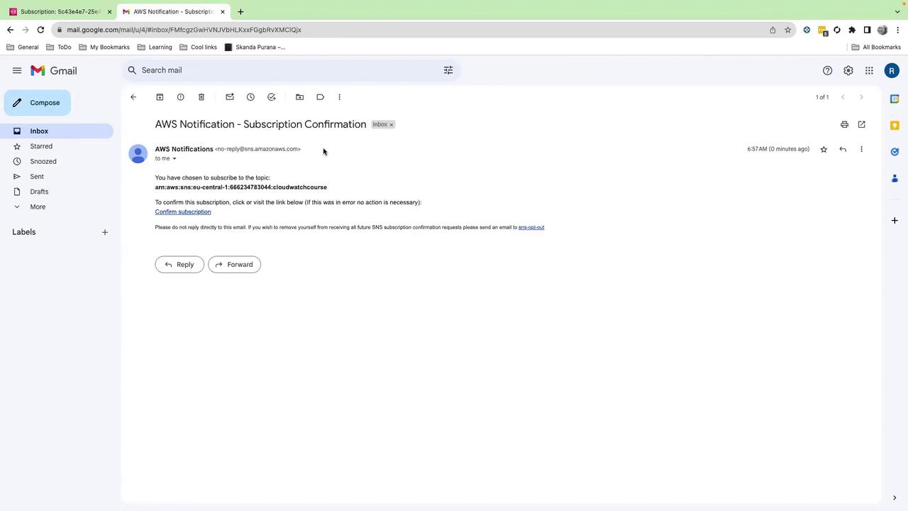 The image shows a Gmail inbox with an email from AWS Notifications about a subscription confirmation. The email includes a link to confirm the subscription to a specific AWS topic.