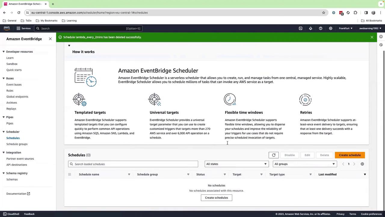 The image shows the Amazon EventBridge Scheduler interface, highlighting features like templated targets, universal targets, flexible time windows, and retries. It includes options to create and manage schedules within the AWS console.