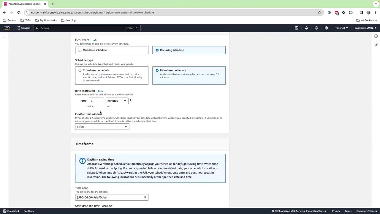 The image shows a screenshot of the Amazon EventBridge Scheduler interface, where a recurring rate-based schedule is being set to run every 2 minutes. The interface includes options for time zone and daylight saving adjustments.